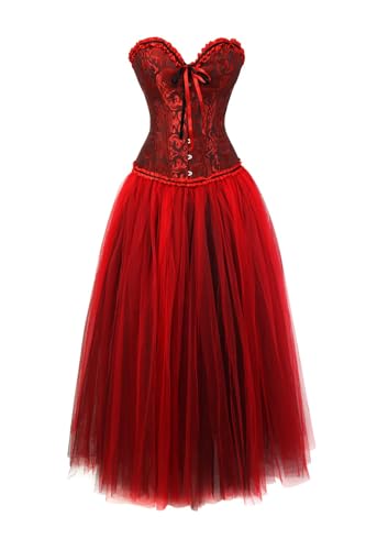 AIGOUT Korsett Damen Piraten Korsett Bustier mit Langem Gothic Rock Halloween Gothic Kleid Korsett Spitze Langes Kleid für Karneval Cosplay (Dunkelrot, 6XL) von AIGOUT