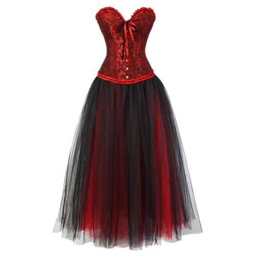 AIGOUT Korsett Damen Piraten Korsett Bustier mit Langem Gothic Rock Halloween Gothic Kleid Korsett Spitze Langes Kleid für Karneval Cosplay (Dunkelrot 1, L) von AIGOUT