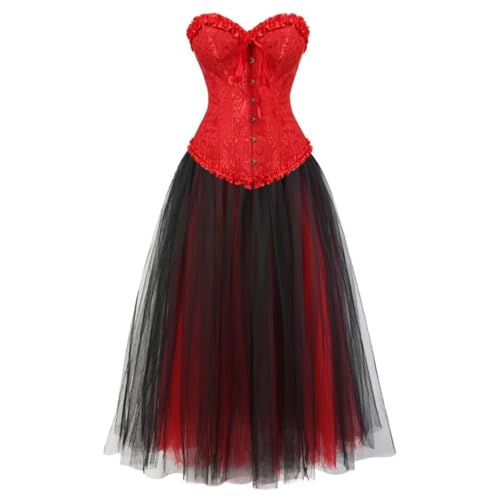AIGOUT Korsett Damen Piraten Korsett Bustier mit Langem Gothic Rock - Halloween Gothic Kleid Korsett Spitze Langes Kleid für Karneval Cosplay (Rot, XXL) von AIGOUT