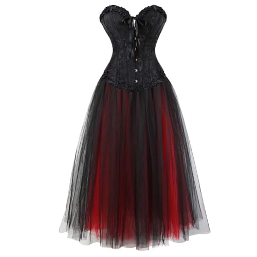 AIGOUT Korsett Damen Piraten Korsett Bustier mit Langem Gothic Rock Halloween Gothic Kleid Korsett Spitze Langes Kleid für Karneval Cosplay (Schwarz, XS) von AIGOUT