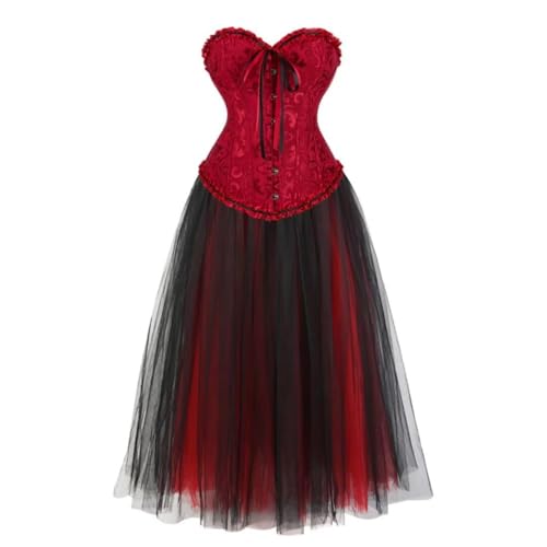 AIGOUT Korsett Damen Piraten Korsett Bustier mit Langem Gothic Rock - Halloween Gothic Kleid Korsett Spitze Langes Kleid für Karneval Cosplay (Weinrot, M) von AIGOUT