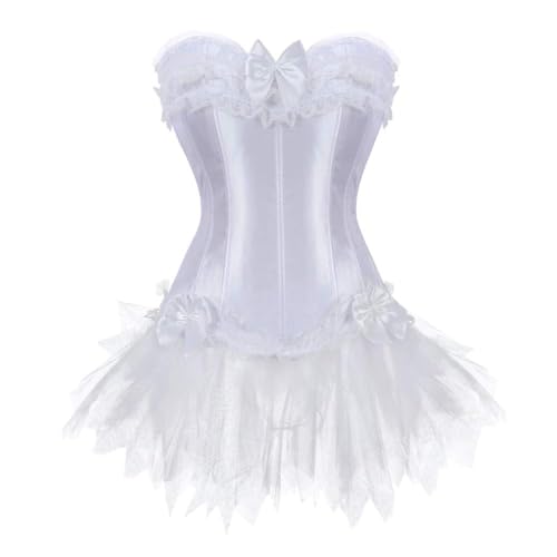 AIGOUT Korsett für Damen, Gothic-inspiriert, Tutu, Petticoat, Ensemble, Spitze, Schleife, Knochen, Satin-Detail (Weiß, Größe 3XL) von AIGOUT