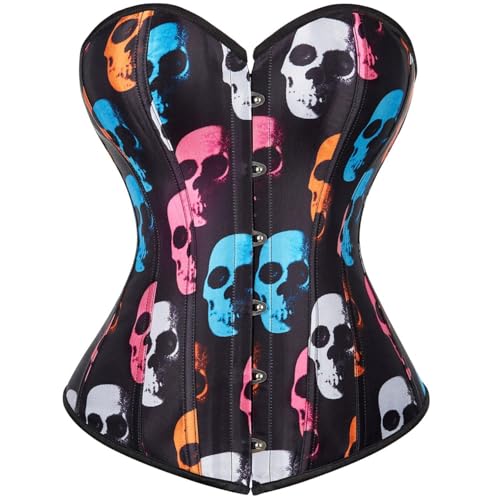 AIGOUT Korsett mit Schnürung für Damen, bunt, Totenkopf-Druck, Body, Halloween, Cosplay, Fischgräten-Body, Gothic Shapewear Bustier (Totenkopf, XXS) von AIGOUT
