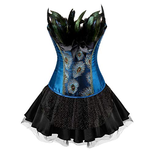 AIGOUT Korsettkleid mit Pfauenfedern, Fischgrätenmuster, Vintage-Stickerei, Gothic-Korsett, Blume, Knospe, kurzer Rock, Set für Halloween, Cosplay-Party, Blau / Schwarz, Größe 7XL AIGOUT Korsettkleid mit Pfauenfedern, Fischgrätenmuster, Vintage-Stickerei, Gothic-Korsett, Blume, Knospe, kurzer Rock, Set für Halloween, Cosplay-Party, Blau / Schwarz, Größe 7XL von AIGOUT