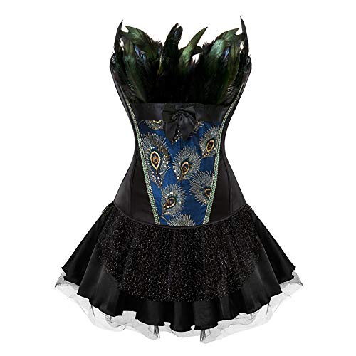 AIGOUT Korsettkleid mit Pfauenfedern, Fischgrätenmuster, Vintage-Stickerei, Gothic-Korsett, Blume, Knospe, kurzer Rock, Set für Halloween, Cosplay-Party, Schwarz / Schwarz, Größe L AIGOUT Korsettkleid mit Pfauenfedern, Fischgrätenmuster, Vintage-Stickerei, Gothic-Korsett, Blume, Knospe, kurzer Rock, Set für Halloween, Cosplay-Party, Schwarz / Schwarz, Größe L von AIGOUT