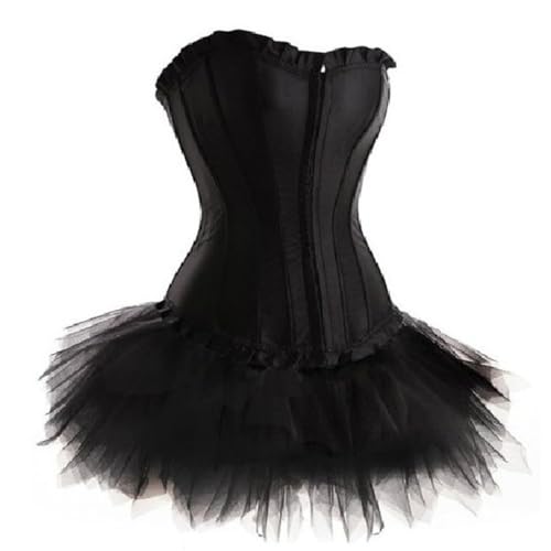 AIGOUT Schwarzes Korsett-Tutu-Rock-Set, Lolita-Kostüm, gerüschter Rand, Fischgräten-Korsettkleid, Tutu-Anzug, Gothic-Kleid (Schwarz, S) von AIGOUT