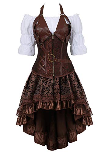 AIGOUT Steampunk Gothic 3 Stück Set Damen Leder Korsett Rock Bluse Outfit - Vintage Braun V-Ausschnitt Fischgräte Miederkleid Set (Braun, 6XL) von AIGOUT