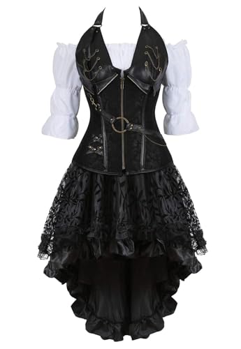 AIGOUT Steampunk Gothic 3 Stück Set Damen Leder Korsett Rock Bluse Outfit Vintage Braun V-Ausschnitt Fischgräte Miederkleid Set (Schwarz, M) von AIGOUT