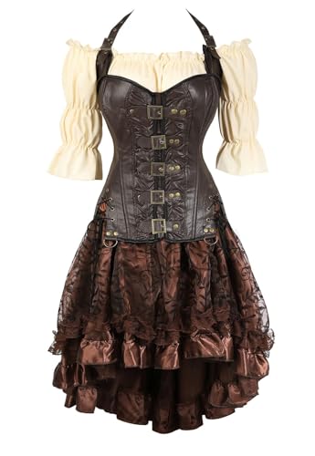 AIGOUT Steampunk Gothic Korsett Set für Damen - Kunstleder Bustier mit Piratenbluse & Steampunk Rock | Retro Body Chest Kleid Set (Braun, XL) von AIGOUT