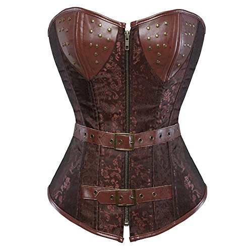 AIGOUT Steampunk Gothic Pirat Leder Nieten Braun Korsett Übergröße Überbrust Schnür-Bustier Top (Braun, XXL) von AIGOUT