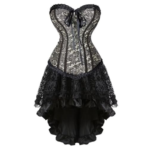 AIGOUT Steampunk-Korsett-Rock-Set, Gothic-Korsettkleid, Vintage-Stil, Brokat-Set mit Schleife vorne, Fischgräten-Bustier-Kleid für Damen, Halloween, Cosplay (Beige, XXS) von AIGOUT