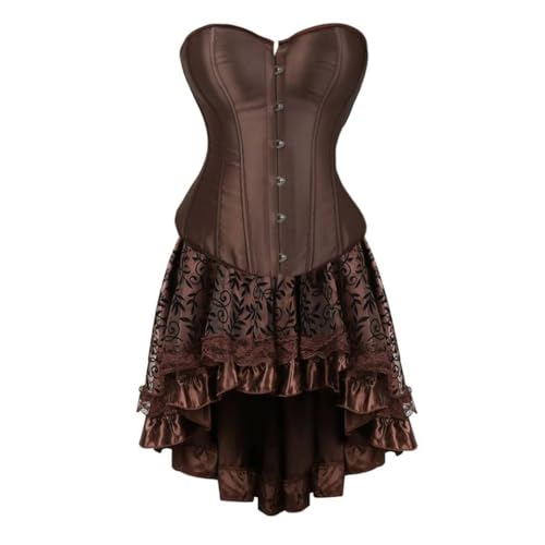 AIGOUT Steampunk-Korsett-Rock-Set für Damen, zweiteilig, Vintage-Palast-Satin, Korsettkleid, Fischgräten-Korsettkleid, Gothic-Stil, Bustier-Kostüme (Braun, S) von AIGOUT