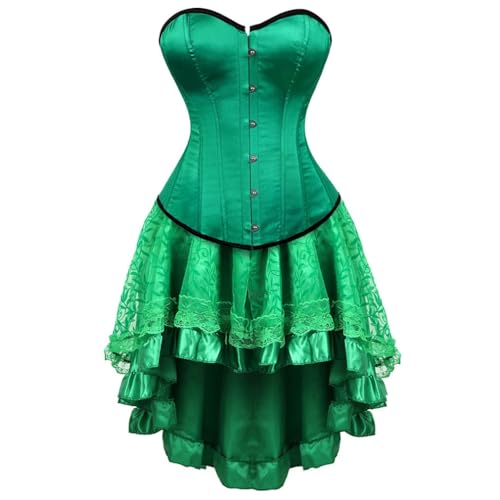 AIGOUT Steampunk-Korsett-Rock-Set für Damen, zweiteilig, Vintage-Palast-Satin, Korsettkleid, Fischgräten-Korsettkleid, Gothic-Stil, Bustier-Kostüme (Grün 1, L) von AIGOUT