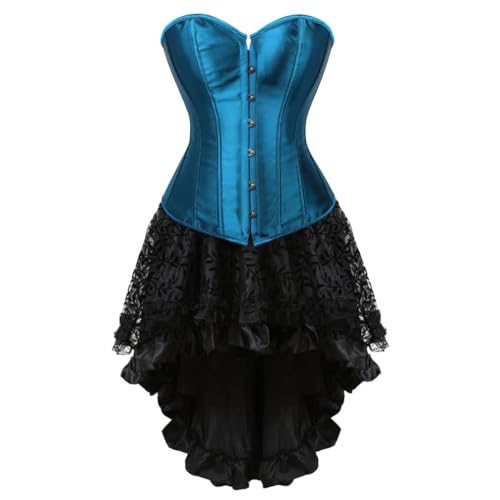AIGOUT Steampunk-Korsett-Rock-Set für Damen, zweiteilig, Vintage-Palast-Satin, Korsettkleid, Fischgräten-Korsettkleid, Gothic-Stil, Bustier-Kostüme (Pfauenblau, L) von AIGOUT