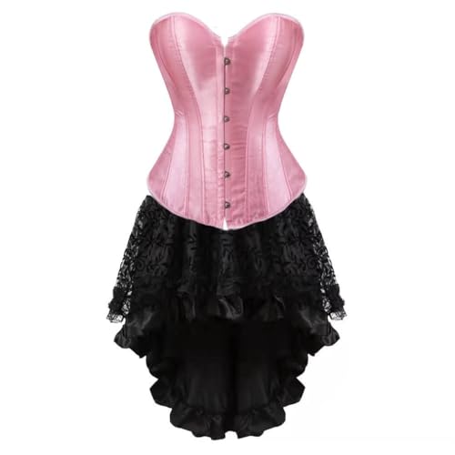 AIGOUT Steampunk-Korsett-Rock-Set für Damen, zweiteilig, Vintage-Palast-Satin, Korsettkleid, Fischgräten-Korsettkleid, Gothic-Stil, Bustier-Kostüme (Rosa, M) von AIGOUT