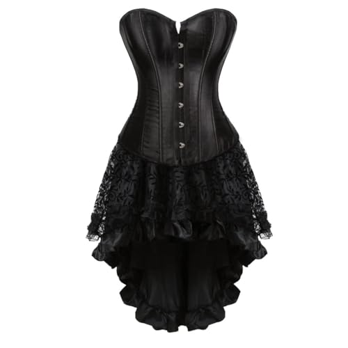 AIGOUT Steampunk-Korsett-Rock-Set für Damen, zweiteilig, Vintage-Palast-Satin, Korsettkleid, Fischgräten-Korsettkleid, Gothic-Stil, Bustier-Kostüme (Schwarz, XL) von AIGOUT