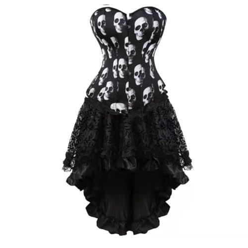 AIGOUT Steampunk-Korsett-Rock-Set für Damen, zweiteilig, Vintage-Palast-Satin, Korsettkleid, Fischgräten-Korsettkleid, Gothic-Stil, Bustier-Kostüme (Totenkopf, Größe 3XL) von AIGOUT