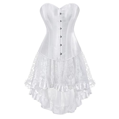 AIGOUT Steampunk-Korsett-Rock-Set für Damen, zweiteilig, Vintage-Palast-Satin, Korsettkleid, Fischgräten-Korsettkleid, Gothic-Stil, Bustier-Kostüme (Weiß 1, 6XL) von AIGOUT