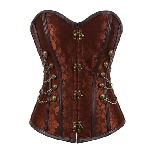 AIGOUT Steampunk Korsett Stahlstäbchen mit Ketten – Vintage Jacquard Gothic Kettengliederkorsett Nieten Fischgrätenschnürung für Frauen Übergröße (Braun, 4XL) von AIGOUT