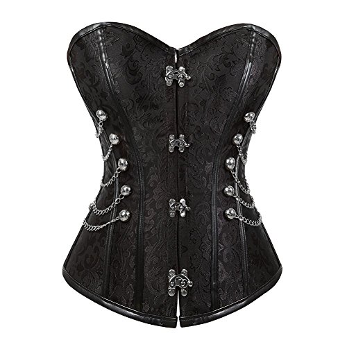 AIGOUT Steampunk Korsett Stahlstäbchen mit Ketten – Vintage Jacquard Gothic Kettengliederkorsett Nieten Fischgrätenschnürung für Frauen Übergröße (Schwarz, S) von AIGOUT