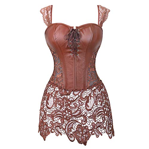AIGOUT Steampunk Korsett aus Kunstleder, Gothic-Korsett-Kleid mit Reißverschluss hinten, Spitzenbesatz, Bustier (Braun, Größe 5XL) von AIGOUT