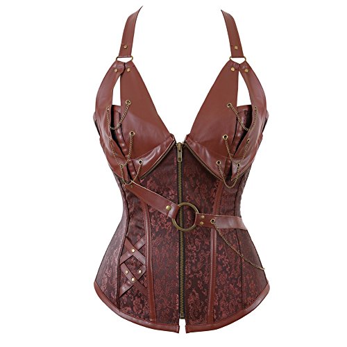 AIGOUT Steampunk-Korsett für Damen, Übergröße, Kunstleder, Gothic-Piraten-Kettenglied, robustes Korsett mit Schnürung, Shapewear-Design (Braun, 4XL) von AIGOUT