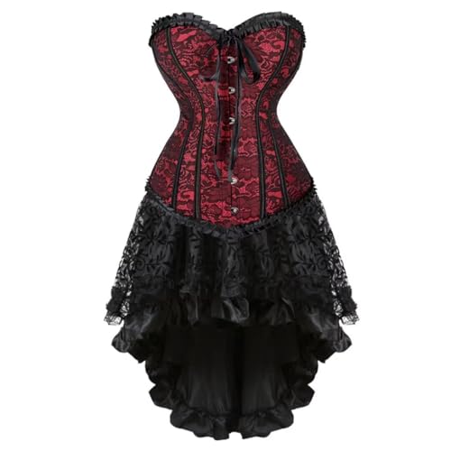 AIGOUT Steampunk Korsettrock-Set, Gothic-Korsettkleid, Vintage-Stil, Brokat-Set mit Schleife vorne, Fischgräten-Bustier-Kleid für Damen, Halloween, Cosplay, Rot, XXL AIGOUT Steampunk Korsettrock-Set, Gothic-Korsettkleid, Vintage-Stil, Brokat-Set mit Schleife vorne, Fischgräten-Bustier-Kleid für Damen, Halloween, Cosplay, Rot, XXL von AIGOUT