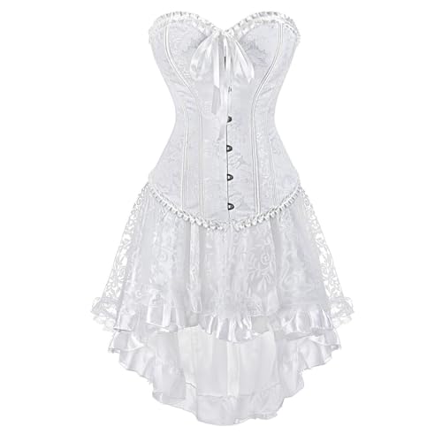 AIGOUT Steampunk Korsettrock-Set, Gothic-Korsettkleid, Vintage-Stil, Brokat-Set mit Schleife vorne, Fischgräten-Bustier-Kleid für Damen, Halloween, Cosplay (Weiß, M) von AIGOUT