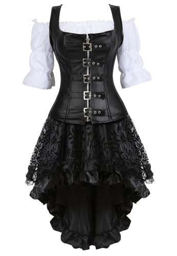 AIGOUT Steampunk Leder-Korsett-Set, 3-teilig, Westen-Stil, Leder, Fischgräten-Bustier, Gothic-Korsett-Kleid mit Piratenbluse und Rock (Schwarz, Größe 7XL) von AIGOUT