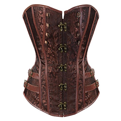 AIGOUT Steampunk Schnür-Korsett mit Vintage-Brokatschnalle, schweres Fischgräten-Überbrust-Bustier für Damen, Braun, Größe XL von AIGOUT