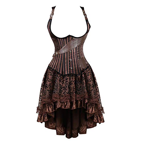 AIGOUT Steampunk Tesla Unterbrustkorsett mit Stahlstäbchen, Weste, Rock, Set – Vintage-Gothic-Piratenkostüm mit tailliertem Rock unterhalb der Brust (Braun, 5XL) von AIGOUT