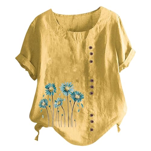 AIGOUT Summer Linen Tops for Women UK, Bohemian Boho Tops Short Sleeve Linen Tops Crewneck Blouse Oversized Shirts Loose Plus Size Tunic Tops Casual Solid Elegant Baggy Tshi (15, XL) von AIGOUT