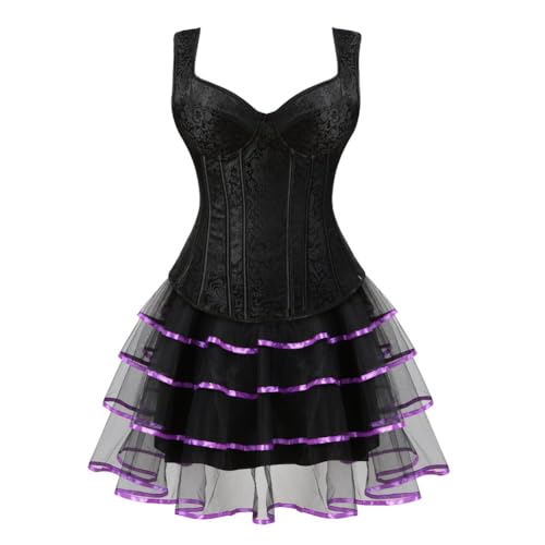 AIGOUT Träger-Tankkorsett, Piraten-Bustier mit langem Tüllrock, Trägerweste Body mit eng anliegendem Rock, zweiteiliges Set (Lila, 5XL) von AIGOUT