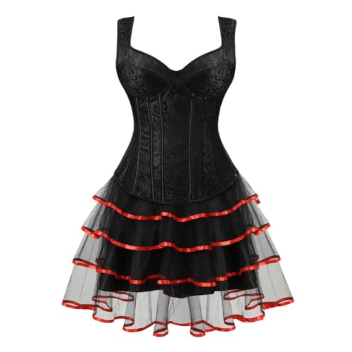 AIGOUT Träger-Tankkorsett Piraten-Bustier mit langem Tüllrock - Trägerweste Body mit eng anliegendem Rock, zweiteiliges Set (Rot, L) von AIGOUT