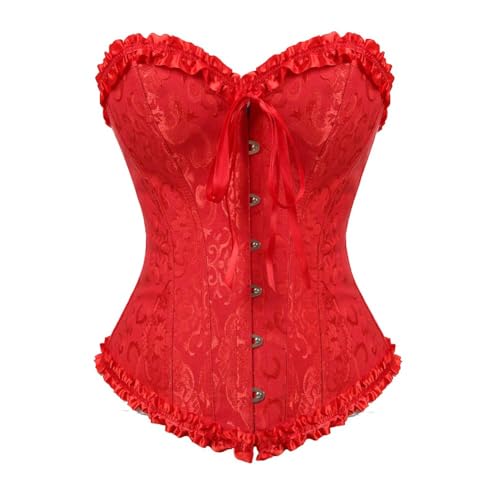 AIGOUT Überbrustkorsett für Damen, Vintage-Stil, Brokat-Top, Spitzenbesatz, Fischgräten-Korsett, Schnürung, Shapewear für Taillentraining und Hochzeit, Rot, 6XL AIGOUT Überbrustkorsett für Damen, Vintage-Stil, Brokat-Top, Spitzenbesatz, Fischgräten-Korsett, Schnürung, Shapewear für Taillentraining und Hochzeit, Rot, 6XL von AIGOUT