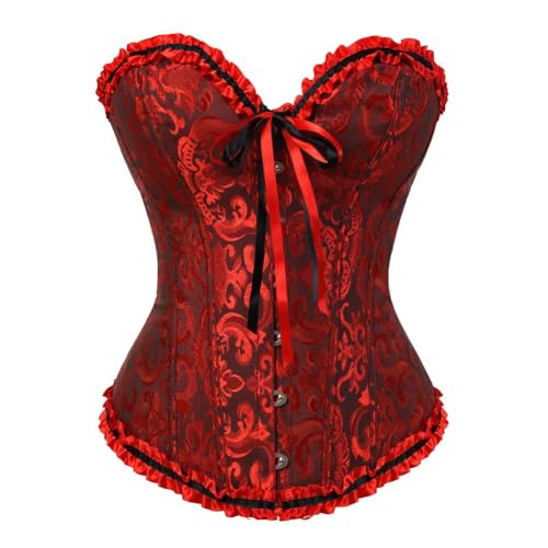 AIGOUT Überbrustkorsett für Damen, Vintage-Stil, Brokat-Top, Spitzenbesatz, Fischgräten-Korsett, Schnürung, Shapewear für Taillentraining und Hochzeit (Dunkelrot, Größe 5XL) von AIGOUT