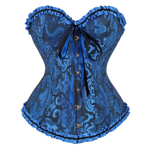 AIGOUT Überbrustkorsett für Damen, Vintage-Stil, Brokat-Top, Spitzenbesatz, Fischgräten-Korsett, Schnürung, Shapewear für Taillentraining und Hochzeit (Meerblau, L) von AIGOUT