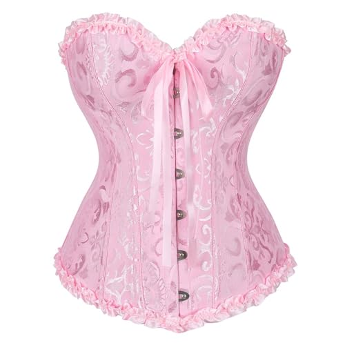 AIGOUT Überbrustkorsett für Damen, Vintage-Stil, Brokat-Top, Spitzenbesatz, Fischgräten-Korsett, Schnürung, Shapewear für Taillentraining und Hochzeit (Rosa, Größe 5XL) von AIGOUT