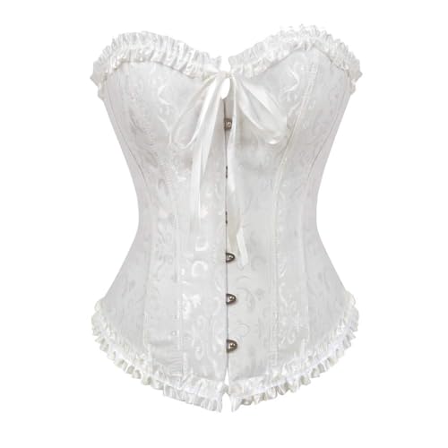 AIGOUT Überbrustkorsett für Damen, Vintage-Stil, Brokat-Top, Spitzenbesatz, Fischgräten-Korsett, Schnürung, Shapewear für Taillentraining und Hochzeit (Weiß, Größe 3XL) von AIGOUT