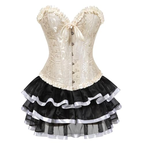 AIGOUT Vintage Court Brokat Korsett Kleid Set Gothic Korsett Spitze Satin Ballettrock Zweiteiliges Set mit Schleife vorne Fischgrätenmieder (Beige, M) von AIGOUT