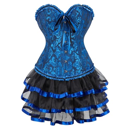AIGOUT Vintage Court Brokat Korsett Kleid Set Gothic Korsett Spitze Satin Ballettrock Zweiteiliges Set mit Schleife vorne Fischgrätenmieder (Blau, L) von AIGOUT