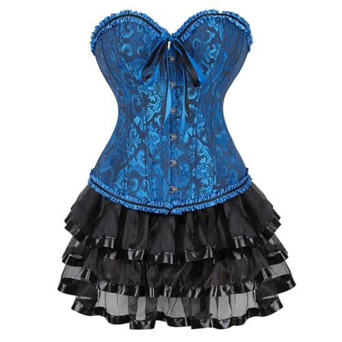 AIGOUT Vintage Court Brokat Korsett Kleid Set Gothic Korsett Spitze Satin Ballettrock Zweiteiliges Set mit Schleife vorne Fischgrätenmieder (Blau, XXS) von AIGOUT