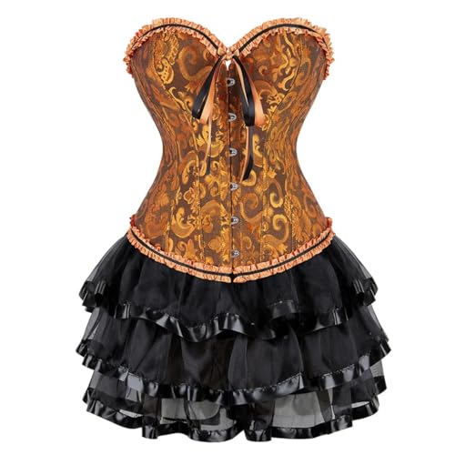 AIGOUT Vintage Court Brokat Korsett Kleid Set Gothic Korsett Spitze Satin Ballettrock Zweiteiliges Set mit Schleife vorne Fischgrätenmieder (Ingwer, L) von AIGOUT
