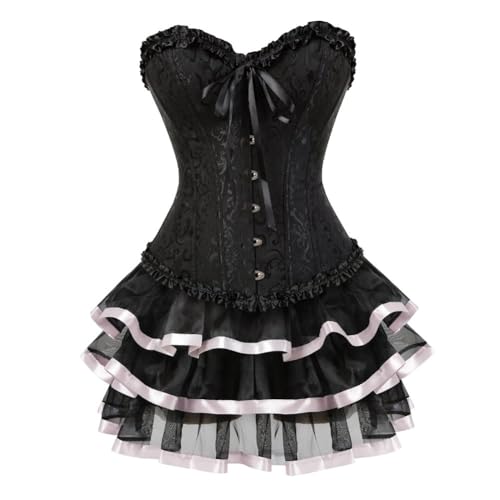 AIGOUT Vintage Court Brokat Korsett Kleid Set Gothic Korsett Spitze Satin Ballettrock Zweiteiliges Set mit Schleife vorne Fischgrätenmieder (Rosa, XXS) von AIGOUT