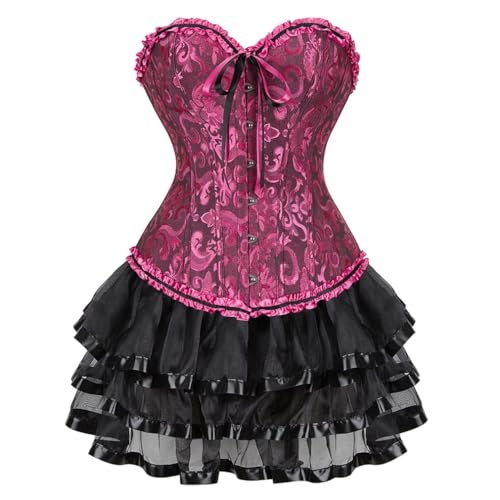 AIGOUT Vintage Court Brokat Korsett Kleid Set Gothic Korsett Spitze Satin Ballettrock Zweiteiliges Set mit Schleife vorne Fischgrätenmieder (Rose, 3XL) von AIGOUT