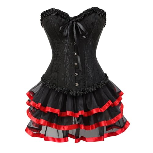 AIGOUT Vintage Court Brokat Korsett Kleid Set Gothic Korsett Spitze Satin Ballettrock Zweiteiliges Set mit Schleife vorne Fischgrätenmieder (Rot, 3XL) von AIGOUT
