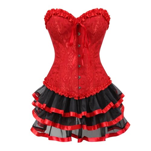 AIGOUT Vintage Court Brokat Korsett Kleid Set Gothic Korsett Spitze Satin Ballettrock Zweiteiliges Set mit Schleife vorne Fischgrätenmieder (Rot, 3XL) von AIGOUT