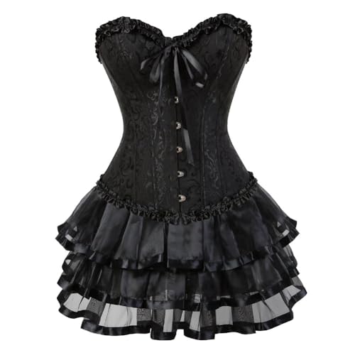 AIGOUT Vintage Court Brokat Korsett Kleid Set Gothic Korsett Spitze Satin Ballettrock Zweiteiliges Set mit Schleife vorne Fischgrätenmieder (Schwarz, 3XL) von AIGOUT