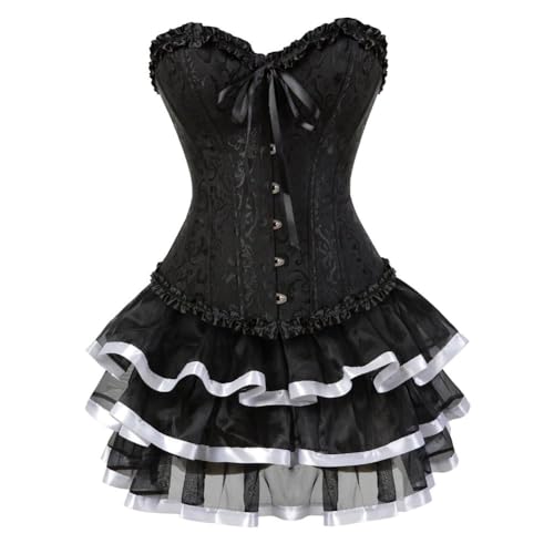 AIGOUT Vintage Court Brokat Korsett Kleid Set Gothic Korsett Spitze Satin Ballettrock Zweiteiliges Set mit Schleife vorne Fischgrätenmieder (Schwarz Weiß, L) von AIGOUT