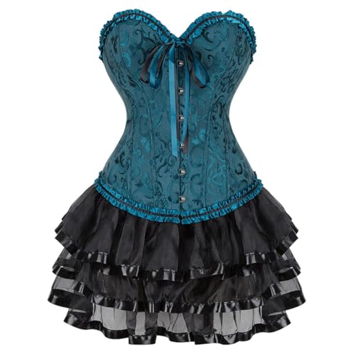 AIGOUT Vintage Court Brokat Korsett Kleid Set Gothic Korsett Spitze Satin Ballettrock Zweiteiliges Set mit Schleife vorne Fischgrätenmieder (Schwarzgrün, XXS) von AIGOUT